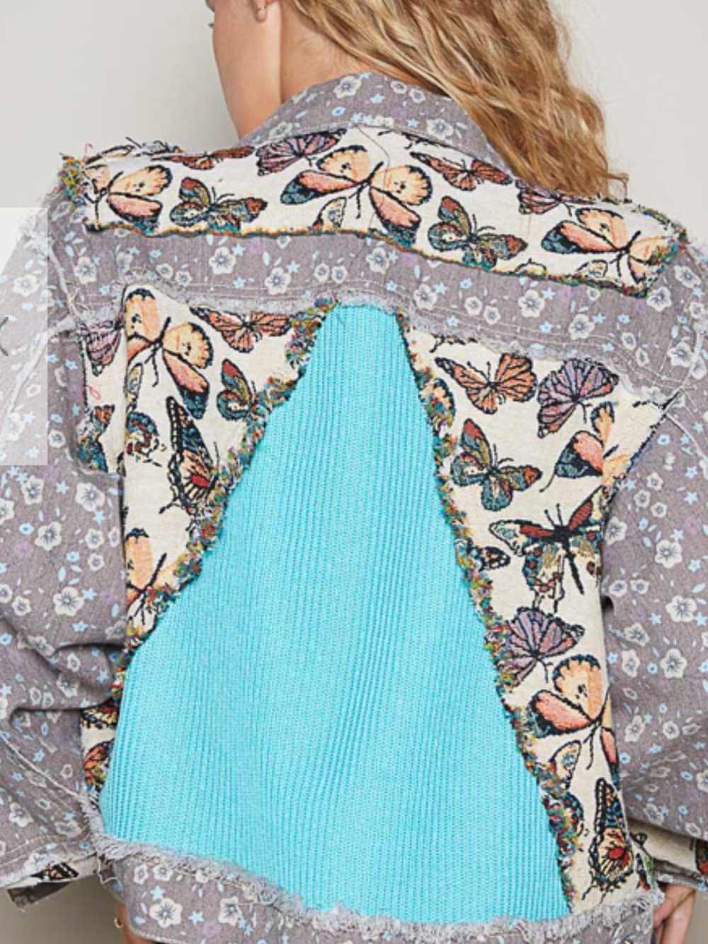 POL Patchwork Floral Jean Jacket with Aqua Ribbed Details